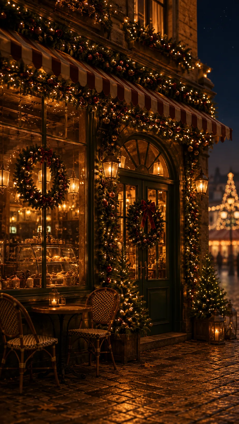 Fachada de uma cafeteria decorada para o Natal, com guirlandas, luzinhas e mesinhas na calçada
